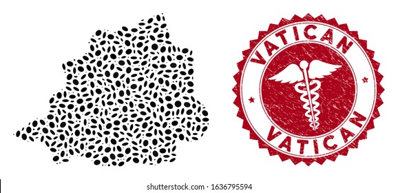 Vector collage Vatican map and red round distressed stamp watermark with medical symbol. Vatican map collage composed with oval elements. Red round healthcare stamp, with scratched texture.