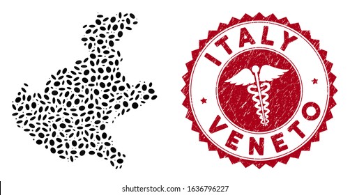 Vector collage Veneto region map and red rounded corroded stamp watermark with clinic symbol. Veneto region map collage constructed with oval elements. Red rounded medical seal stamp,
