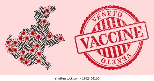Vector collage Veneto region map of corona virus, injection icons, and red grunge vaccination seal stamp. Virus elements and injection items inside Veneto region map.
