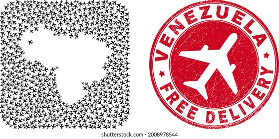 Vector collage Venezuela map of airliner elements and grunge Free Delivery seal stamp.