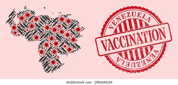 Mapa del collage vectorial de Venezuela del virus covid-2019, íconos de tratamiento y sello de la vacuna de grunge rojo. Células de virus y elementos de vacunas dentro del mapa de Venezuela.
