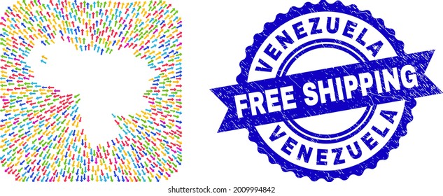 Vector collage Venezuela map of movement arrows and rubber Free Shipping stamp. Collage Venezuela map constructed as hole from rounded square shape with motion arrows.