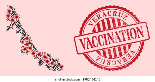 Vector collage Veracruz State map of flu virus, vaccine icons, and red grunge vaccination seal. Virus elements and dose particles inside Veracruz State map.