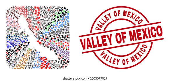 Vector collage Veracruz State map of different icons and Valley of Mexico seal. Mosaic Veracruz State map designed as hole from rounded square. Red round seal with Valley of Mexico word.