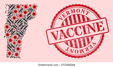 Vector collage Vermont State map of covid-2019 virus, vaccine icons, and red grunge vaccine stamp. Virus particles and vaccination particles inside Vermont State map.