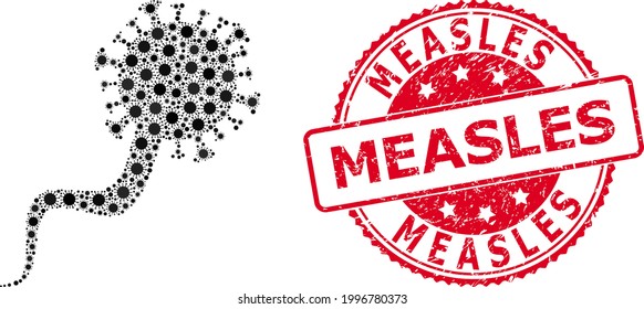Vector collage virion virus of corona virus parts, and Measles scratched round stamp seal. Virus elements inside virion virus collage. Red stamp seal has Measles caption inside.