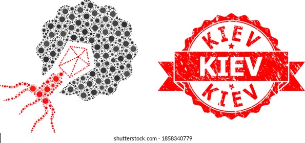 Virus del colaje vectorial que infectan la célula del virus, y sello de timbre de Kiev no limpio. Elementos de virus dentro de la composición de la célula de infección por virus. El sello rojo incluye el título de Kiev dentro de la cinta.