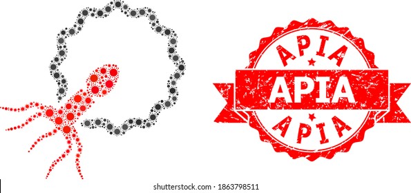 Vector collage virus penetrating cell of flu virus, and Apia grunge ribbon stamp seal. Virus elements inside virus penetrating cell collage. Red stamp seal has Apia tag inside ribbon.