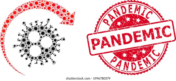 Vector collage virus return of covid-2019 virus parts, and Pandemic textured round stamp. Virus elements inside virus return collage. Red stamp has Pandemic text inside.