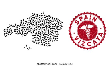 Vector collage Vizcaya Province map and red rounded corroded stamp watermark with medic sign. Vizcaya Province map collage constructed with oval spots. Red round health care seal stamp,