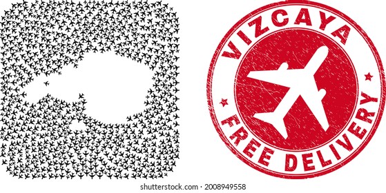 Vector collage Vizcaya Province map of jet vehicle elements and grunge Free Delivery seal.