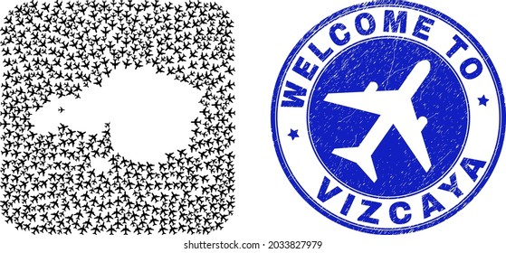Vector collage Vizcaya Province map of airlines elements and grunge Welcome stamp. Collage geographic Vizcaya Province map designed as carved shape from rounded square shape using air vehicles.