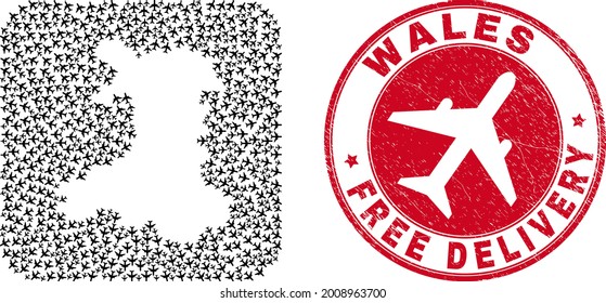 Vector collage Wales map of jet vehicle elements and grunge Free Delivery seal. Collage geographic Wales map constructed as subtraction from rounded square with flying out airplanes.