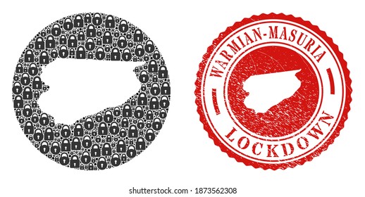 Vector collage Warmian-Masurian Voivodeship map of locks and grunge LOCKDOWN seal stamp. Mosaic geographic Warmian-Masurian Voivodeship map designed as carved shape from round shape with black locks.