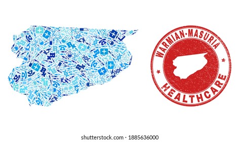 Vector collage Warmian-Masurian Voivodeship map with healthcare icons, chemical symbols, and grunge doctor rubber imitation.