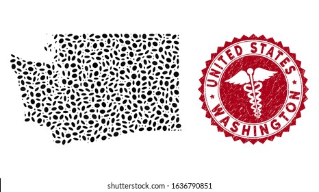 Vector collage Washington State map and red rounded distressed stamp seal with health care sign. Washington State map collage designed with oval elements. Red rounded health care seal stamp,