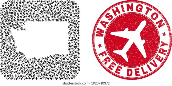 Vector collage Washington State map of aircraft elements and grunge Free Delivery seal. Collage geographic Washington State map designed as stencil from rounded square with aviation items flying out.