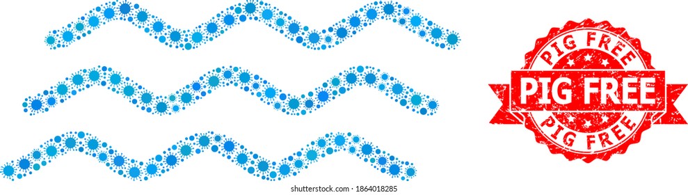 Vector collage water waves of virus, and Pig Free rubber ribbon seal. Virus particles inside water waves collage. Red stamp seal includes Pig Free title inside ribbon.