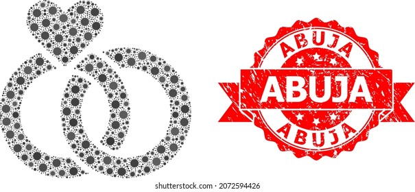 Vector collage wedding rings of virus, and Abuja scratched ribbon seal imitation. Virus particles inside wedding rings collage. Red stamp seal includes Abuja caption inside ribbon.