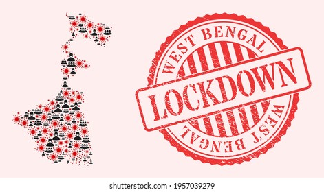 Vector collage West Bengal State map of corona virus, masked men and red grunge lockdown seal stamp. Virus particles and men in masks inside West Bengal State map.