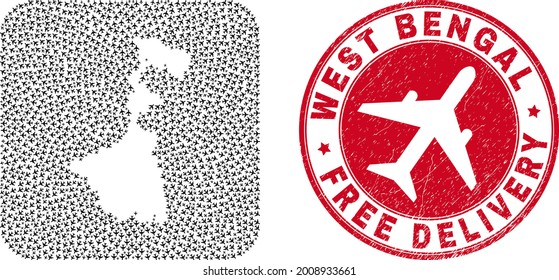 Vector collage West Bengal State map of aeroplane items and grunge Free Delivery seal stamp.