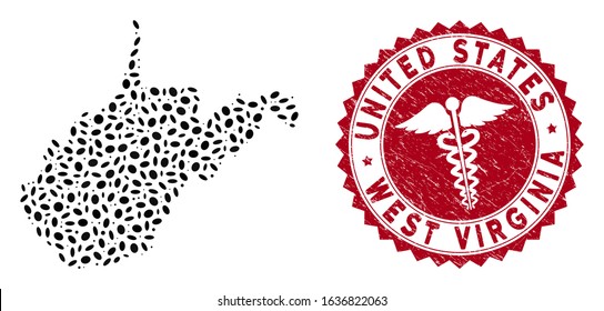 Vector collage West Virginia State map and red round distressed stamp seal with doctor symbol. West Virginia State map collage constructed with ellipse items. Red round doctor seal,