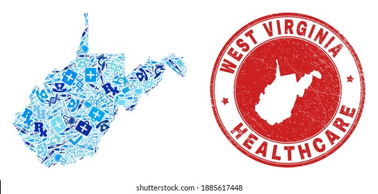 Collage vectorial del mapa del estado de Virginia Occidental de iconos de dosis, símbolos medicinales e imitación de caucho de cuidados de salud poco profundos.