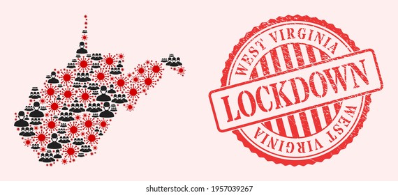 Vector collage West Virginia State map of coronavirus, masked men and red grunge lockdown stamp. Virus elements and men in masks inside West Virginia State map.