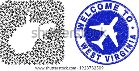 Vector collage West Virginia State map of tourism airplane elements and grunge Welcome seal stamp.