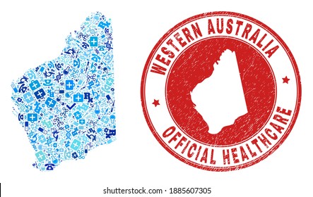 Vector collage Western Australia map with medical icons, laboratory symbols, and grunge health care seal stamp. Red round stamp with grunge rubber texture and Western Australia map caption and map.