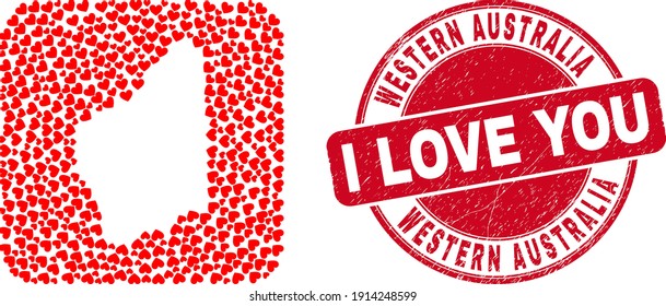 Vector collage Western Australia map of valentine heart elements and grunge love badge. Mosaic geographic Western Australia map designed as stencil from rounded square with love hearts.