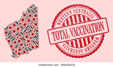 Vector collage Western Australia map of SARS virus, inoculation icons, and red grunge vaccination seal stamp. Virus elements and syringe particles inside Western Australia map.