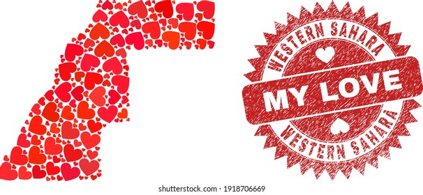 Vektorgrafik sammelt Westsahara-Karte von valentinischen Herzelementen und grunge My Love Robbenstempel. Collage geographische Westsahara Karte mit schönen Herzen gebaut.