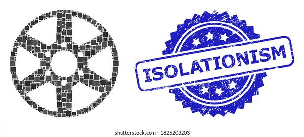 Vector collage wheel, and Isolationism grunge rosette seal imitation. Blue seal has Isolationism tag inside rosette. Square items are grouped into abstract collage wheel icon.