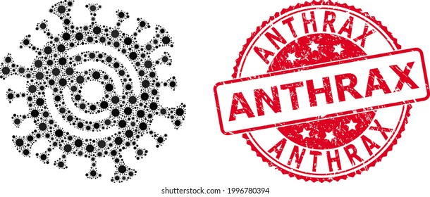 Vector Collage Wi-Fi Virus Of SARS Virus Items, And Anthrax Rubber Round Seal Imitation. Virus Items Inside Wi-Fi Virus Mosaic. Red Seal Has Anthrax Caption Inside.