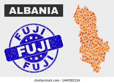 Vector collage of wildfire Albania map and blue rounded grunge Fuji seal stamp. Orange Albania map mosaic of wildfire items. Vector composition for insurance services, and Fuji stamp.