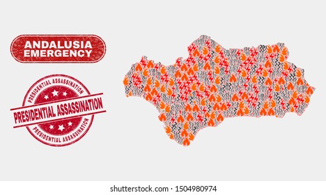 Vector collage of wildfire Andalusia Province map and red rounded textured Presidential Assassination watermark. Emergency Andalusia Province map mosaic of fire, power flash elements.