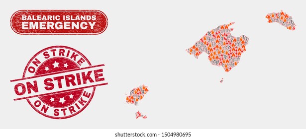 Vector collage of wildfire Balearic Islands map and red round grunge On Strike stamp. Emergency Balearic Islands map mosaic of fire, energy hazard elements.