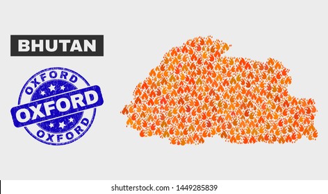 Vector collage of wildfire Bhutan map and blue round textured Oxford stamp. Fiery Bhutan map mosaic of flame icons. Vector collage for insurance services, and Oxford stamp.