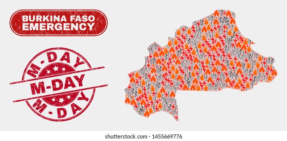 Vector collage of wildfire Burkina Faso map and red round grunge M-Day seal stamp. Emergency Burkina Faso map mosaic of fire, electric hazard icons. Vector collage for fire protection services,