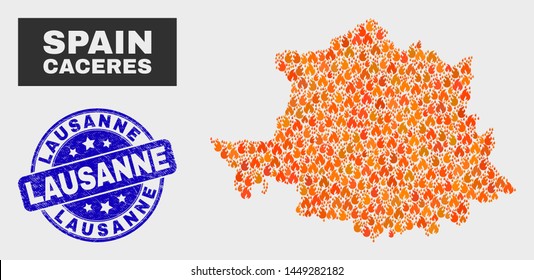 Vector collage of wildfire Caceres Province map and blue round scratched Lausanne seal stamp. Fiery Caceres Province map mosaic of wildfire symbols. Vector collage for guard services,