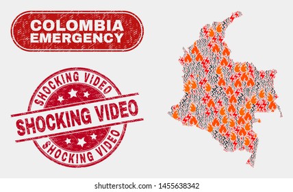 Vector collage of wildfire Colombia map and red round textured Shocking Video seal stamp. Emergency Colombia map mosaic of burning, power hazard elements. Vector composition for emergency services,