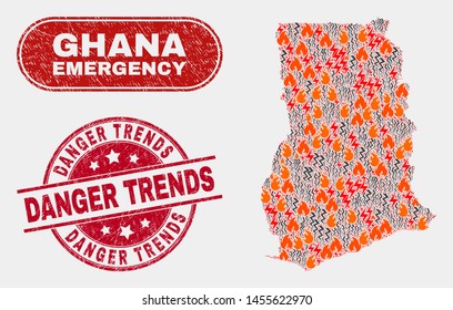 Vector collage of wildfire Ghana map and red round distress Danger Trends stamp. Emergency Ghana map mosaic of wildfire, electric hazard icons. Vector combination for emergency services,