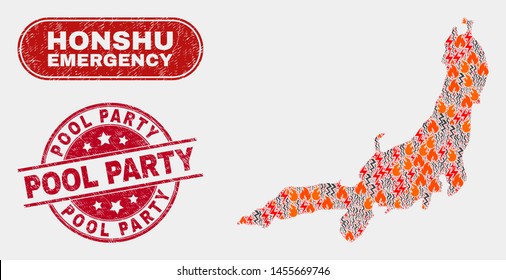 Vector collage of wildfire Honshu Island map and red rounded textured Pool Party watermark. Emergency Honshu Island map mosaic of wildfire, energy flash symbols. Vector collage for safety services,