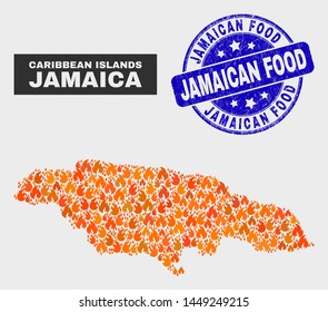 Vector collage of wildfire Jamaica map and blue rounded grunge Jamaican Food watermark. Fiery Jamaica map mosaic of wildfire elements. Vector collage for guard services, and Jamaican Food stamp.