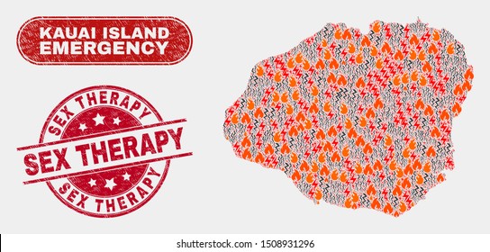 Vector collage of wildfire Kauai Island map and red round distress Sex Therapy watermark. Emergency Kauai Island map mosaic of fire, power lightning items. Vector collage for fire protection services,