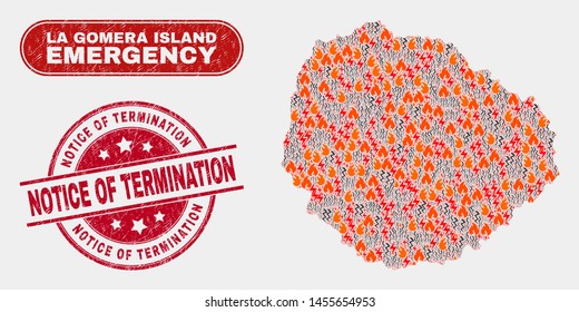 Vector collage of wildfire La Gomera Island map and red round textured Notice of Termination seal stamp. Emergency La Gomera Island map mosaic of wildfire, power flash items.