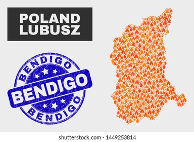 Vector collage of wildfire Lubusz Voivodeship map and blue round textured Bendigo watermark. Orange Lubusz Voivodeship map mosaic of wildfire symbols. Vector combination for insurance services,