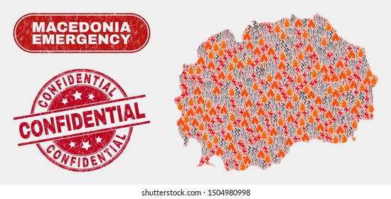 Vector collage of wildfire Macedonia map and red rounded distress Confidential stamp. Emergency Macedonia map mosaic of wildfire, power hazard symbols. Vector collage for emergency services,