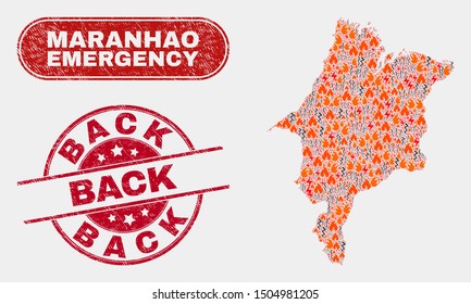 Vector collage of wildfire Maranhao State map and red rounded distress Back seal stamp. Emergency Maranhao State map mosaic of wildfire, power lightning icons. Vector combination for safety services,